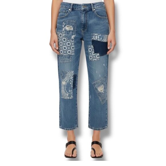 Pilcro The Borrowed Patchwork Bandana Boyfriend Jeans - Size 28 Distressed - Picture 1 of 7